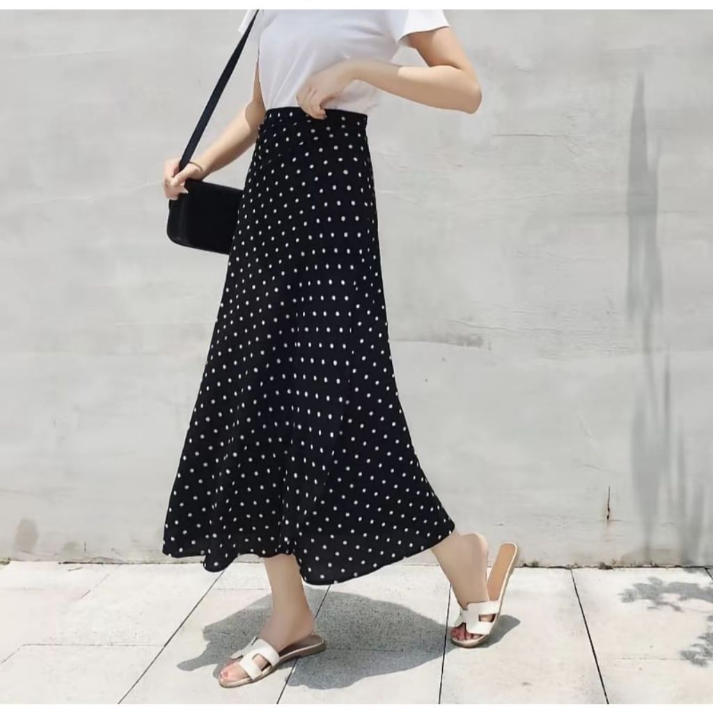 Tq88indonesia LILO Polka Dot Midi กระโปรงสําหรับผู้หญิงกระโปรงยาวทรงเอสไตล์เกาหลีกระโปรงลายจุดอินเทร