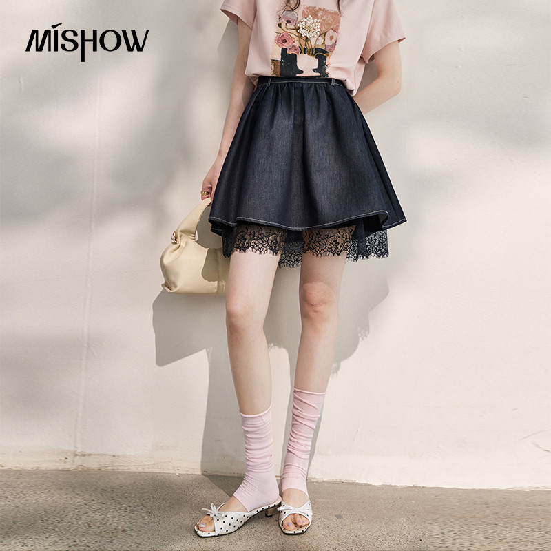 MISHOW แฟชั่น Denim ลูกไม้ Patchwork Hem A-Line กระโปรงสั้นสําหรับผู้หญิงฤดูร้อนจีบออกแบบกระชับสัดส่