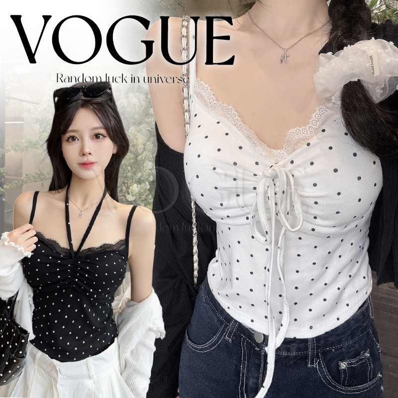 Vogue พร้อมส่ง เสื้อสายเดี่ยวขอบลูกไม้ลายจุด ดีไซน์เชือกคล้องคอ มีฟองน้ำในตัว (FY5623)
