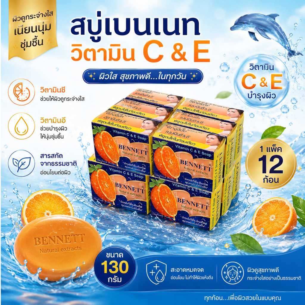 สบู่เบนเนท วิตามิน C&E 130g ยกแพ็ค 12 ก้อน ผิวสะอาด สดชื่น