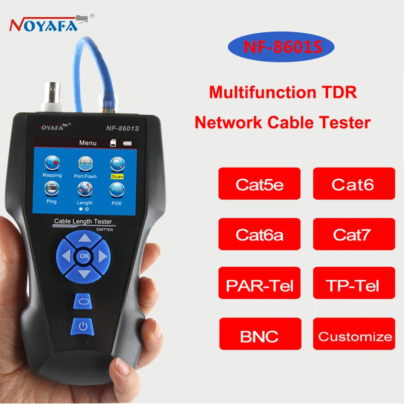 NOYAFA NF-8601S มัลติฟังก์ชั่น TDR Enternet เครื่องทดสอบสายเคเบิล Rj45 Rj11 BNC Cat5 Cat6 6E Cat7 PO