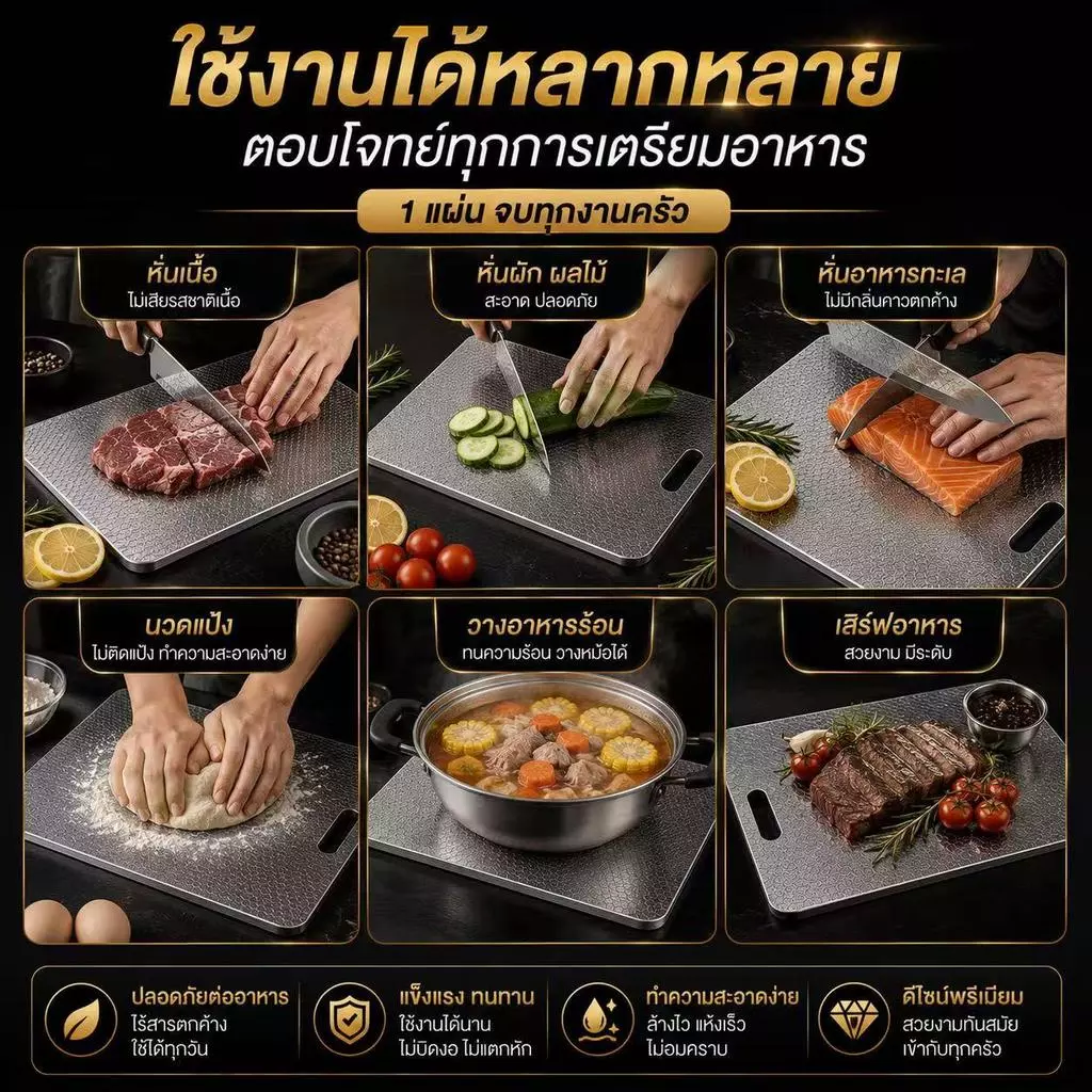 เขียงสแตนเลส 316L ลายรังผึ้ง กันลื่น ไม่ขึ้นรา ใช้หั่นผัก ผลไม้ และเนื้อสัตว์ อเนกประสงค์ thumbnail 3