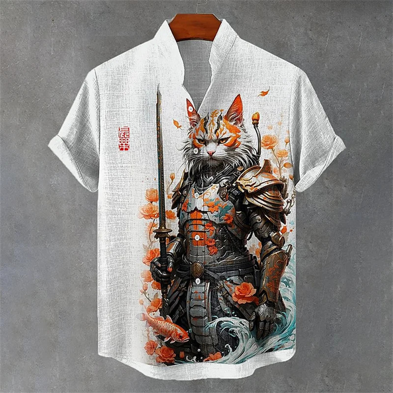 การ์ตูนแมวเสื้อแขนสั้นวินเทจศิลปะปลาพิมพ์ชายเสื้อฤดูร้อนสบายๆวันหยุดถนนเสื้อผ้าคอลเลกชันใหม่ อิซจีพี