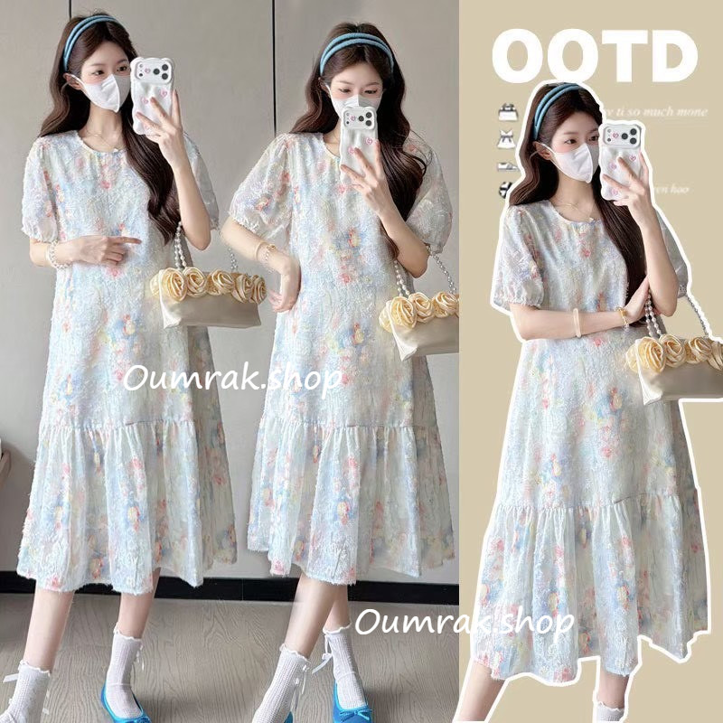 AA4748 (ส่งด่วน/ส่งทันที) เดรสผ้าชีฟองพิมพ์ลาย บุขน มีซับใน นิ่ม เบาใส่สบาย (งานแฟชั่น)