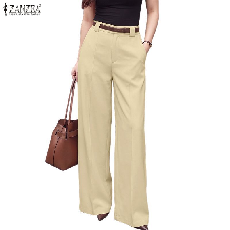ZANZEA ใส่ ซานเซีย ผู้หญิงเกาหลีที่สง่างามทํางานอย่างเป็นทางการ เฒ่า เอวสูงกับกระเป๋าสีทึบกางเกงสูทขากว้าง