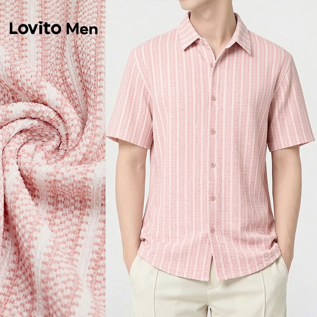 Lovito Men เสื้อเชิ้ตลําลองผู้ชาย สีชมพู สไตล์พลีเคตต์ สําหรับฤดูใบไม้ผลิ/ฤดูร้อน L193ED077