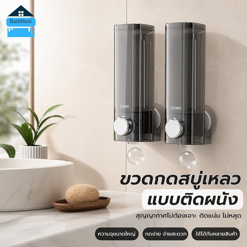 ขวดกดสบู่เหลวติดผนัง แบบสุญญากาศ ไม่ต้องเจาะ ความจุใหญ่ ใช้ใส่แชมพู ครีมอาบน้ำ สบู่ล้างมือ