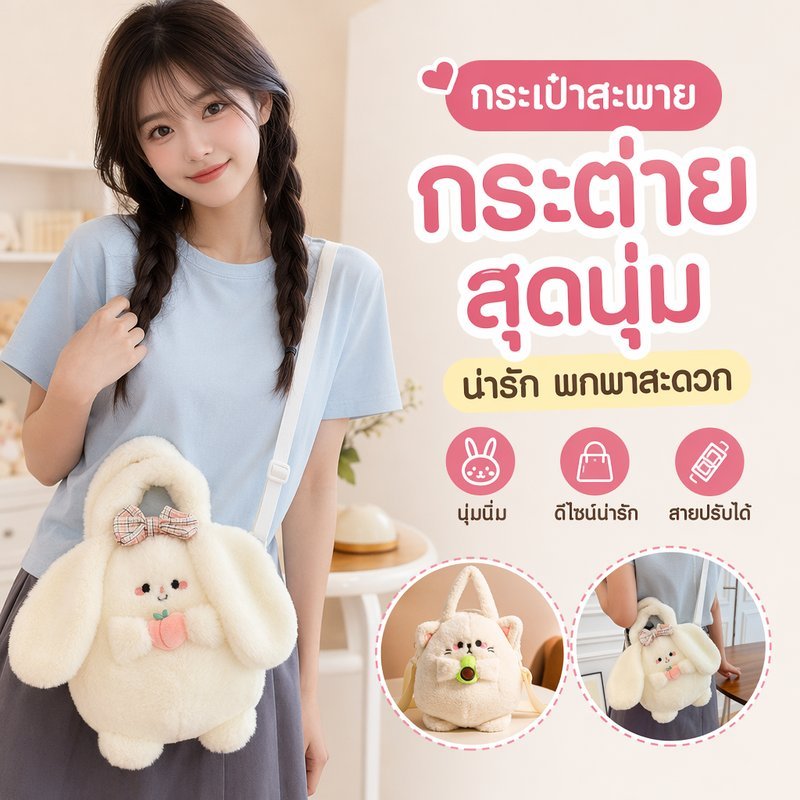 กระเป๋าสะพายข้างเด็กหญิง กระเป๋ากระต่าย กระเป๋าผ้าขนนุ่ม ญี่ปุ่น น่ารัก สายปรับได้ ของขวัญ