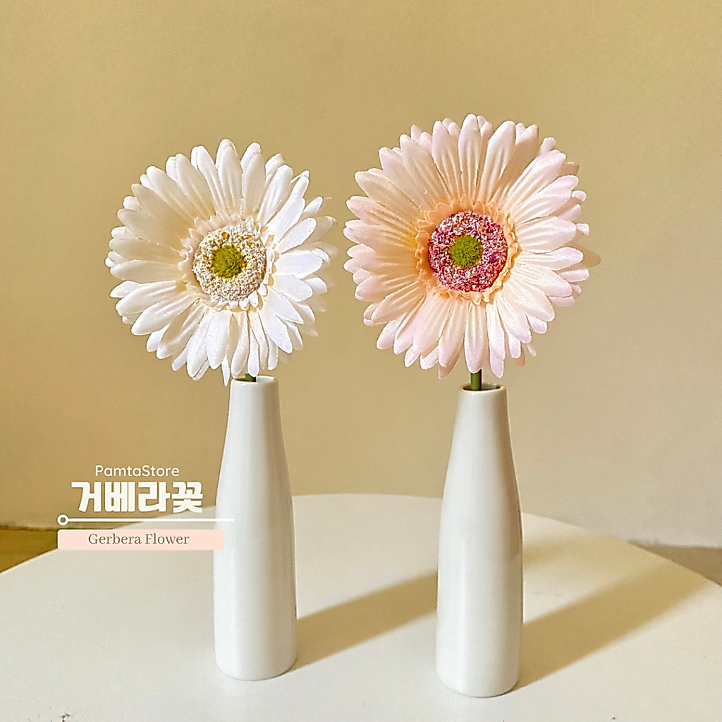 NEW【ดอกเยอบีร่า+แจกันเซรามิค】มี 4 เลเยอร์ สลับสีพีชกับโอโรส ดอกสดใสสีสวยคลาสสิค เกรดจัดช่อดอกไม้ | ดอกไม่ตกแต่งบ้าน |