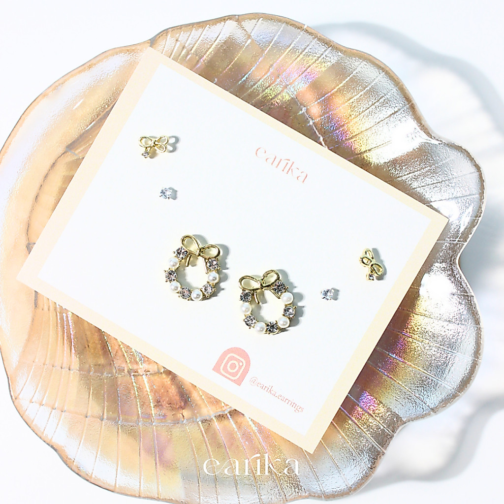 earika.earrings - mistletoe pearl ribbon set เซ็ตต่างหูรูปมิสเซิลโทคริสตัล ก้านเงินแท้ชุบทอง เหมาะสำหรับคนแพ้ง่าย