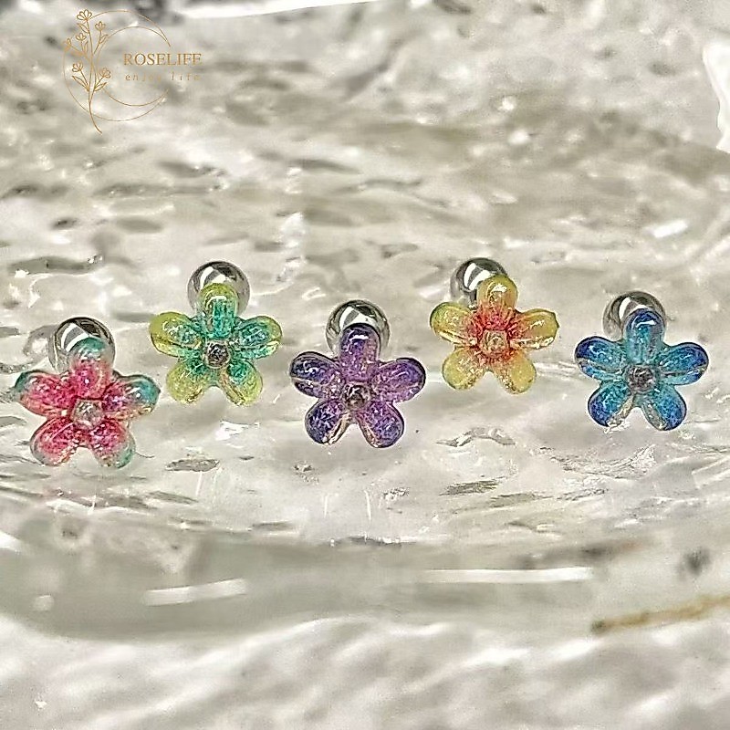 โรสไลฟ์ 1ชิ้นฤดูร้อนดอกไม้ที่มีสีสันสกรูหูกระดูกต่างหูผู้หญิงสาววันหยุดแฟชั่นดอกไม้หูกระดุมเครื่องประดับ