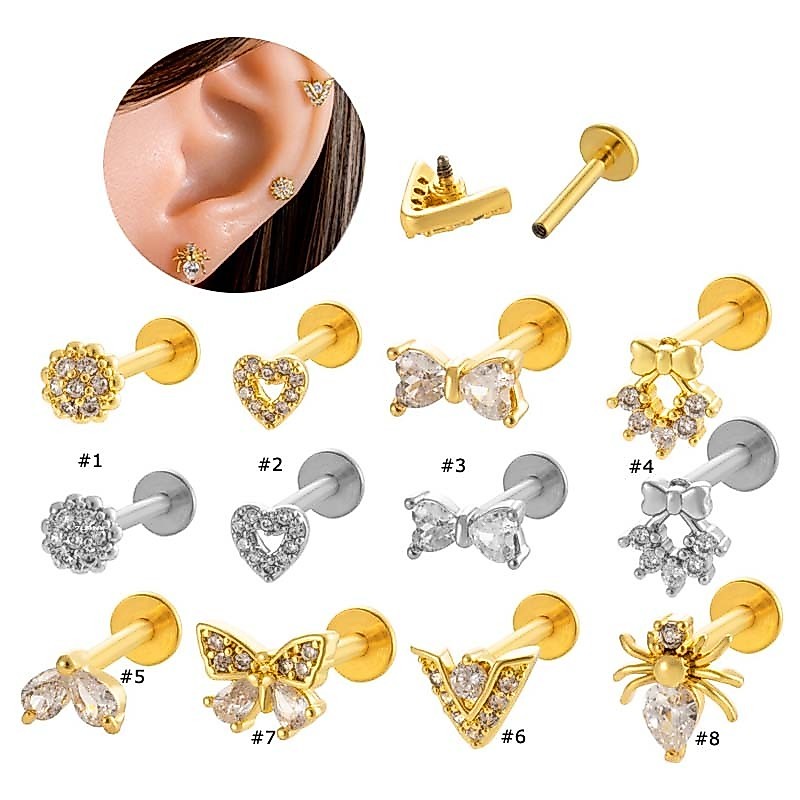 Spider ผีเสื้อหัวใจ Bowknot สแตนเลส Zirconia Labret Lip Stud สำหรับเจาะหู Helix Lobe Pinna ขนาด 16 Gauge