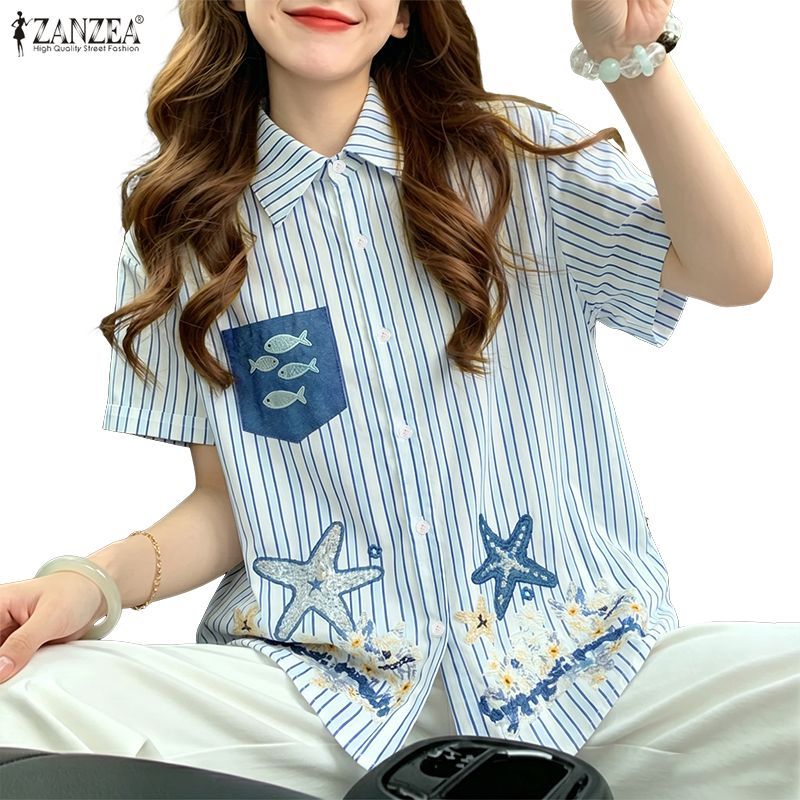 ZANZEA เสื้อผ้าผู้หญิงเกาหลี Casual Solid Stripe หลวม H-Shaped Collar แขนสั้นดอกไม้พิมพ์เสื้อ