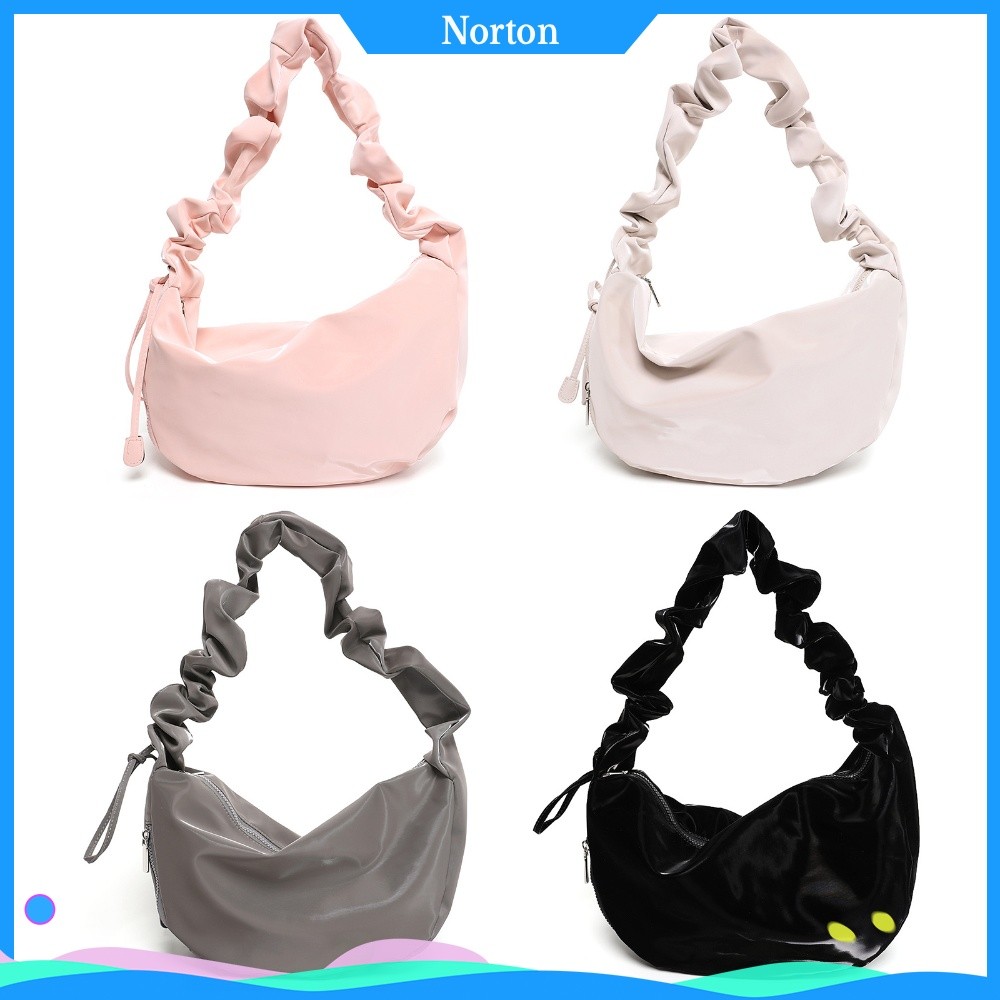 ❦HW ผู้หญิงหนังสังเคราะห์จีบ Vintage Hobo กระเป๋าถือสีทึบปรับใต้วงแขนกระเป๋าซิป Cloud-Shaped Tote กระเป๋าสําหรับปาร์ตี้ช้อปปิ้ง