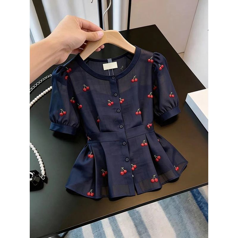 2026 Chic Very Fairy Top สวยลดอายุสไตล์ตะวันตก Navy Blue รูปที่ 7