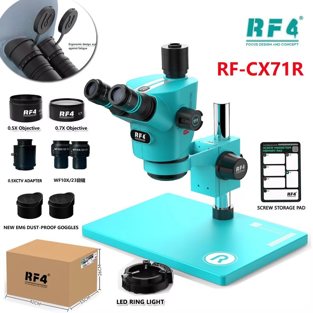 RF4 CX71R กล้องจุลทรรศน์สเตอริโอ Trinocular โฟกัสใหม่ 6.5x-65x 30°C การออกแบบตามหลักสรีรศาสตร์ 10X/2