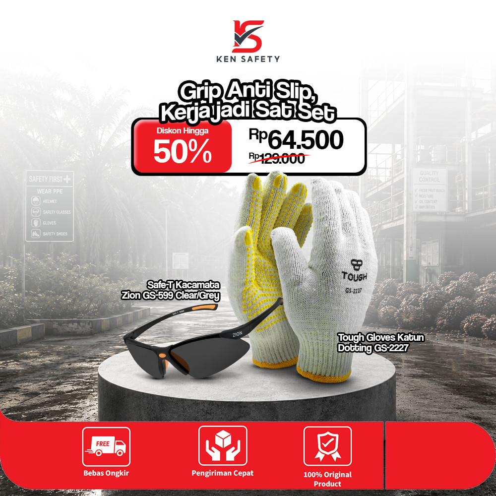 SAFE-T Zion GS599 Clear/Grey Daily Work PPE Package & Dotting Tough Gloves GS-2227