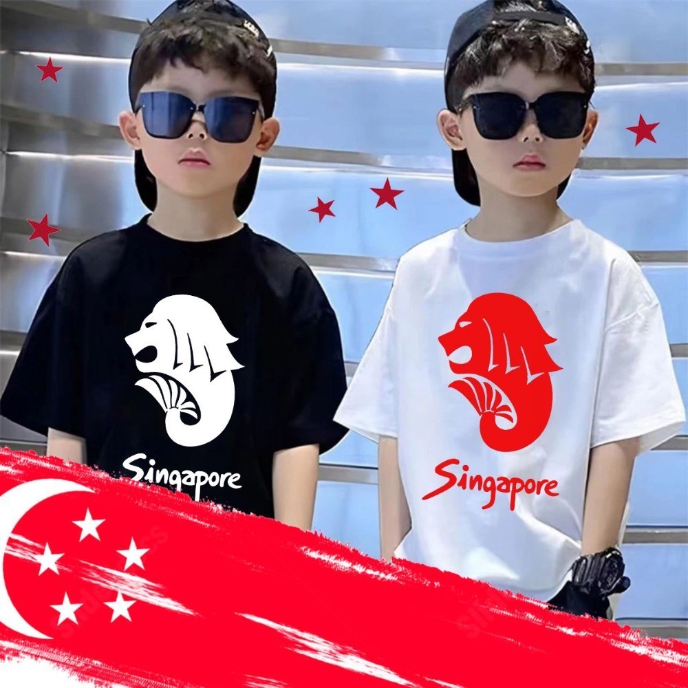 Singapore Lion Print National Day 2024 Red Top Baby Kids Red T-shirt Singapore Landscape Merlion /82