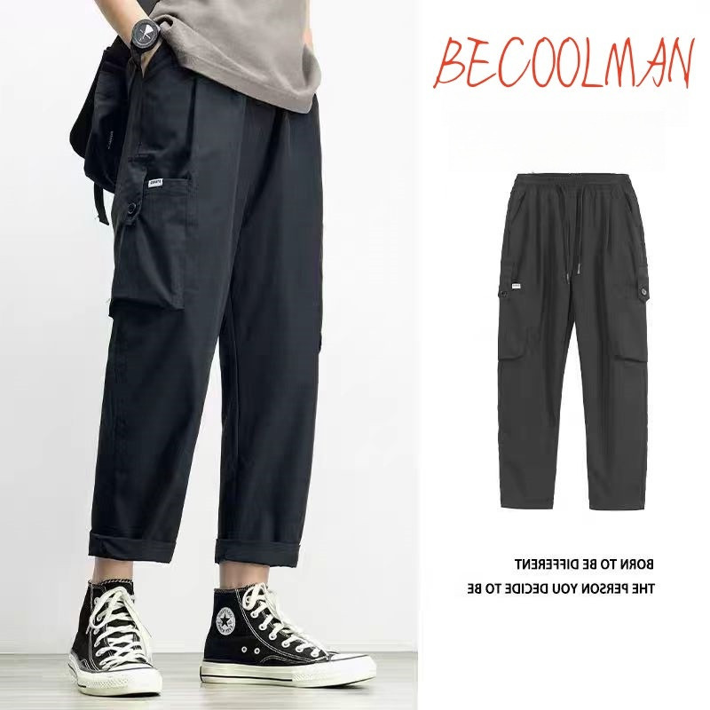 BECOOLMAN-สีล้วน สีล้วน กางเกงทำงาน ชาย กระเป๋าขนาดใหญ่ ยอดนิยม เก้าส่วน แฟชั่น ลำลอง
