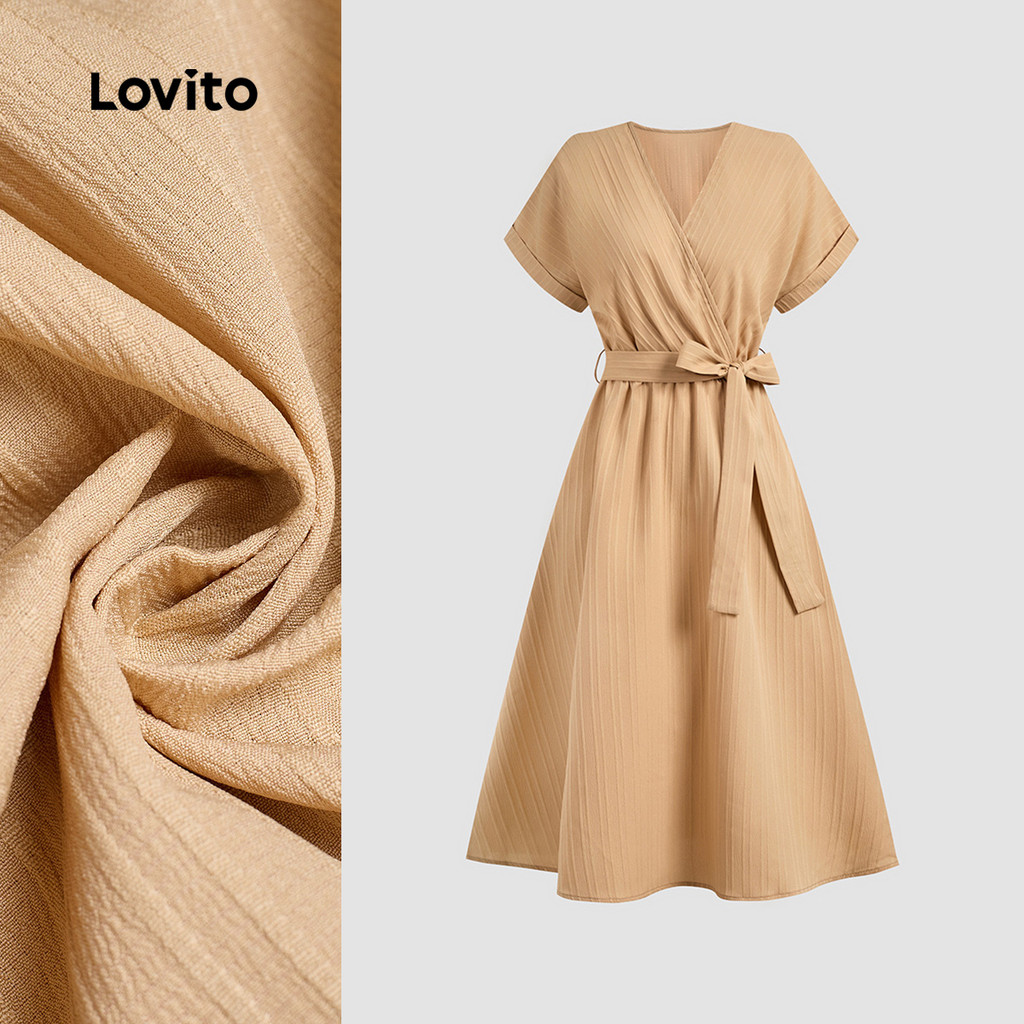 (NEW) Lovito ชุดเดรสลายลูกไม้แบบสบาย ๆ สำหรับผู้หญิง สไตล์สายรูด คอฤดูใบไม้ผลิ/ฤดูร้อน สีชาคา LBL282
