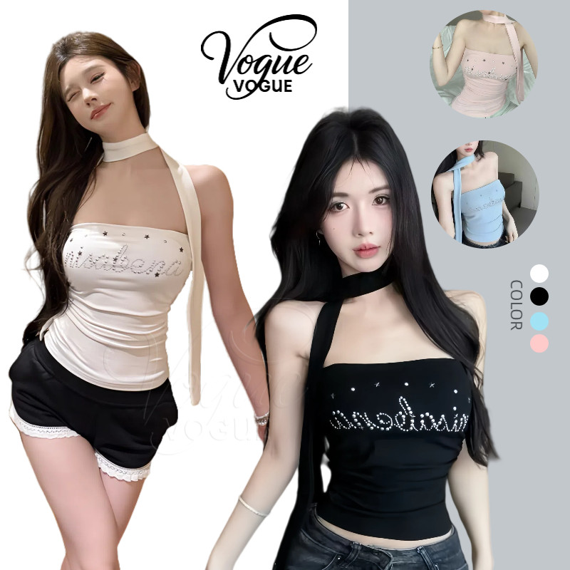 Vogue🌟พร้อมส่ง🌟 เสื้อเกาะอกเสริมฟองน้ำ สีพาสเทล แถมสายคล้องคอเก๋ไม่ไหว (FY943)