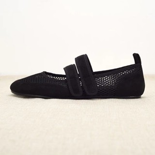 รองเท้าบัลเล่ต์แบนผู้หญิง สีดำแฟชั่น พร้อมสายคาดสองเส้น และต…