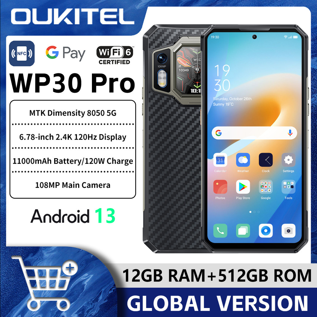 Oukitel WP30 Pro 120W 5Gสมาร์ทโฟนที่ทนทานAndroid 13 12GB + 512GB 11000 mAh 6.7 8 "FHD + โทรศัพท์มือถ