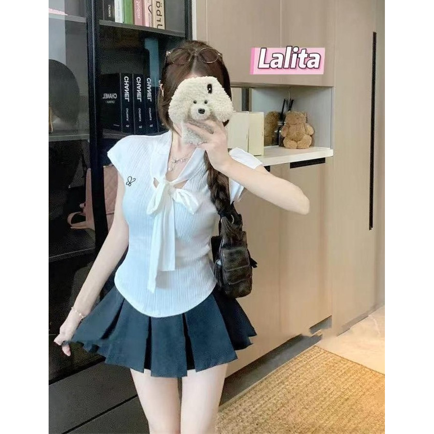 ส่งไวจากไทย สื้อเชิ้ตแขนสั้นผูกโบว์และดีเทลเย็บปักถักร้อย สไตล์หวานและน่ารัก สำหรับผู้หญิงLalita