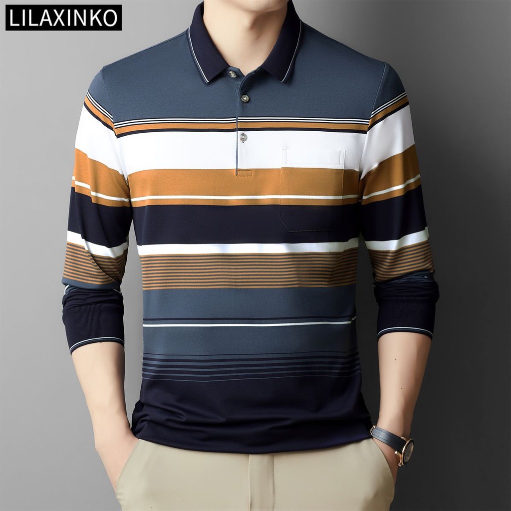 เสื้อลายทางแขนยาวสำหรับผู้ชาย แบบคลาสสิกและสบาย สไตล์พื้นฐานที่สวมใส่ง่าย