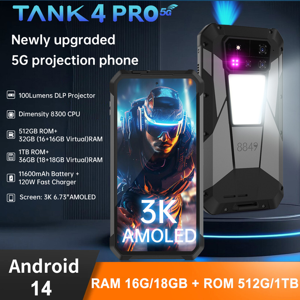 8849 ถัง 4 Pro Unihertz 5G โปรเจคเตอร์ที่ทนทานสมาร์ทโฟน 16/18GB + 512GB/1TB Android 14 โทรศัพท์กีฬา 