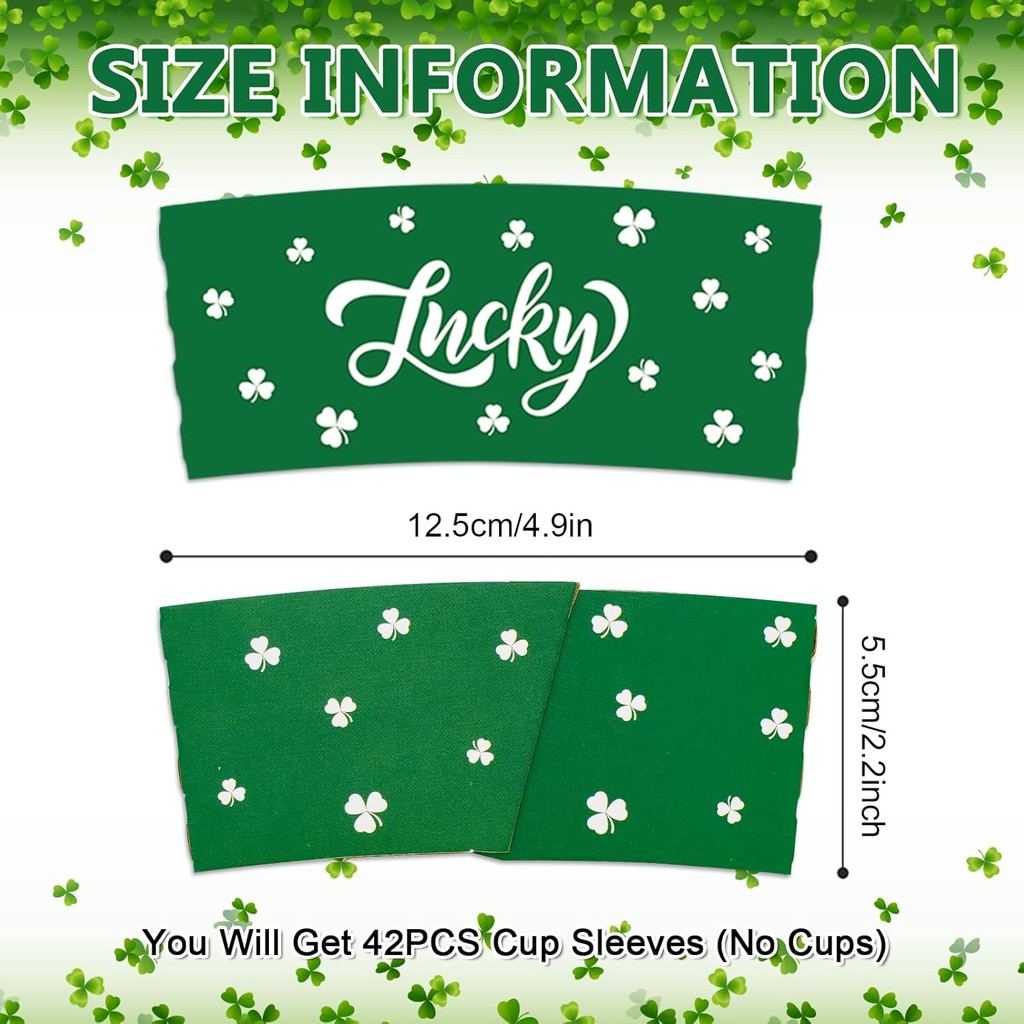 Whaline 42 ชิ้น St. Patricks Day Coffee Tea Cup Sleeves 6 Designs Green Lucky Shamrock Gnome Jacket 