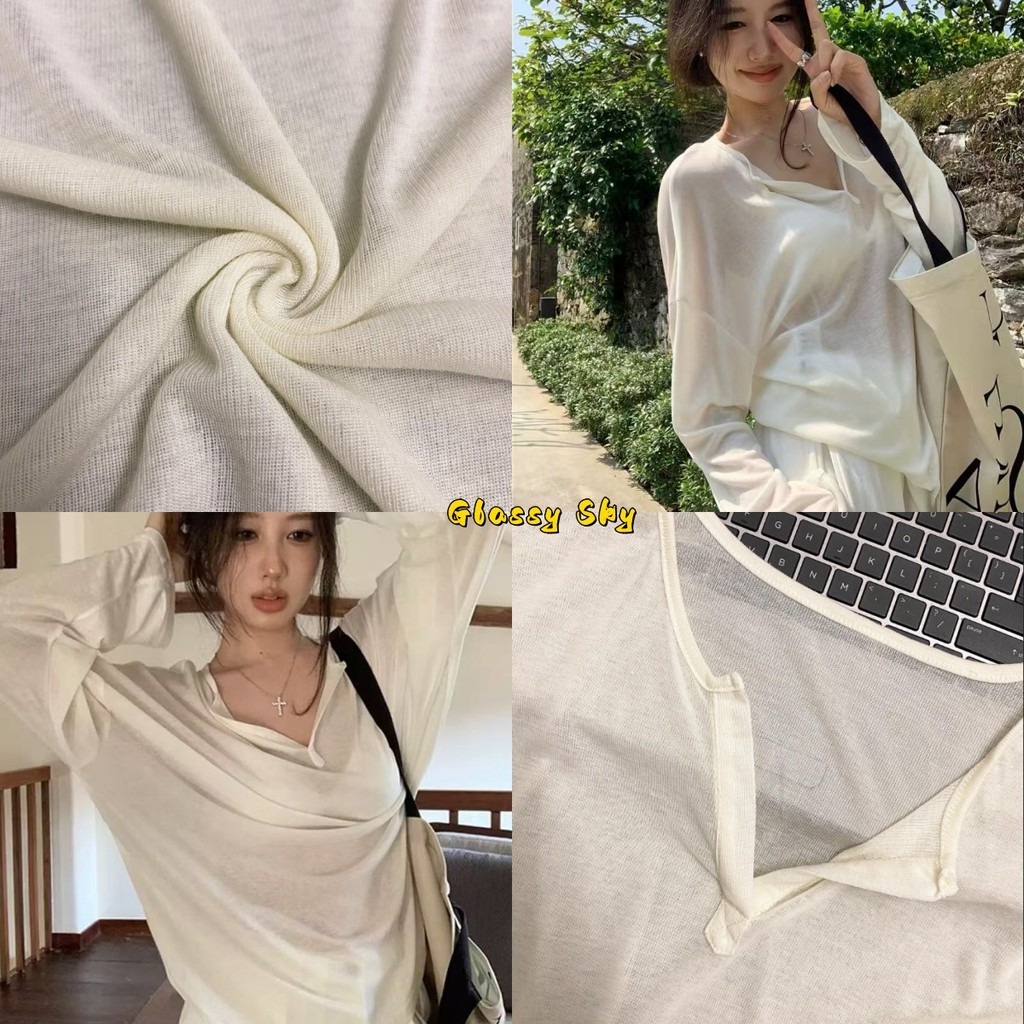 Glassy Sky💖พร้อมส่ง💖 เสื้อแขนยาว คอวี ดีเทลซีทรู บางเบา ใส่ง่ายสบาย สไตล์ลำลอง (FY2088)