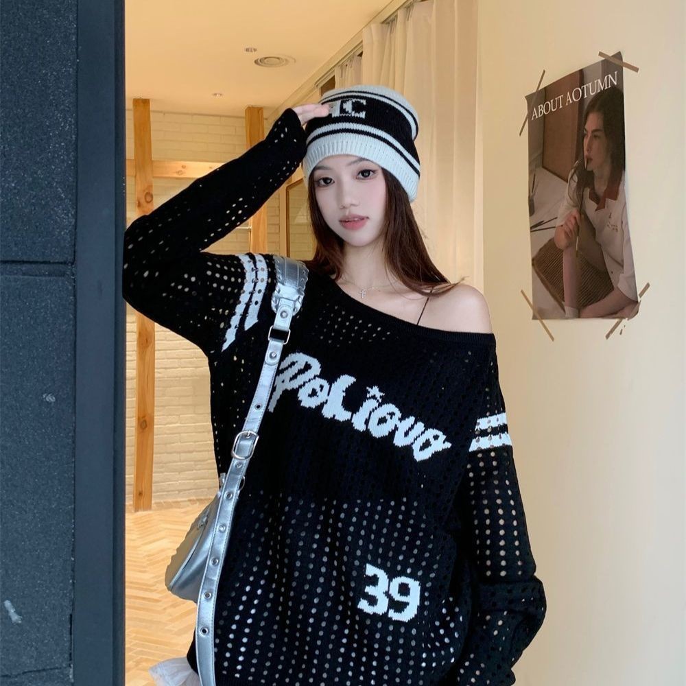 เสื้อถักแขนยาวไหล่เฉียง สไตล์อเมริกันทันสมัย สำหรับฤดูใบไม้ร่วง - รูปที่ 4