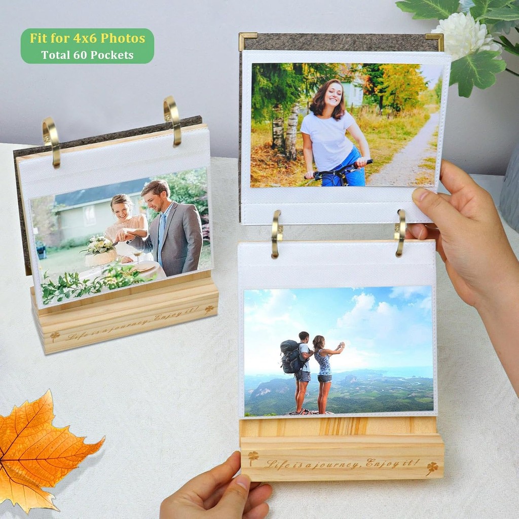 ZEEYUAN 60 กระเป๋า 4x6 Flip Photo Album บนขาตั้งไม้ 4x6 กรอบรูปเดสก์ท็อปอัลบั้มรูป MRS9
