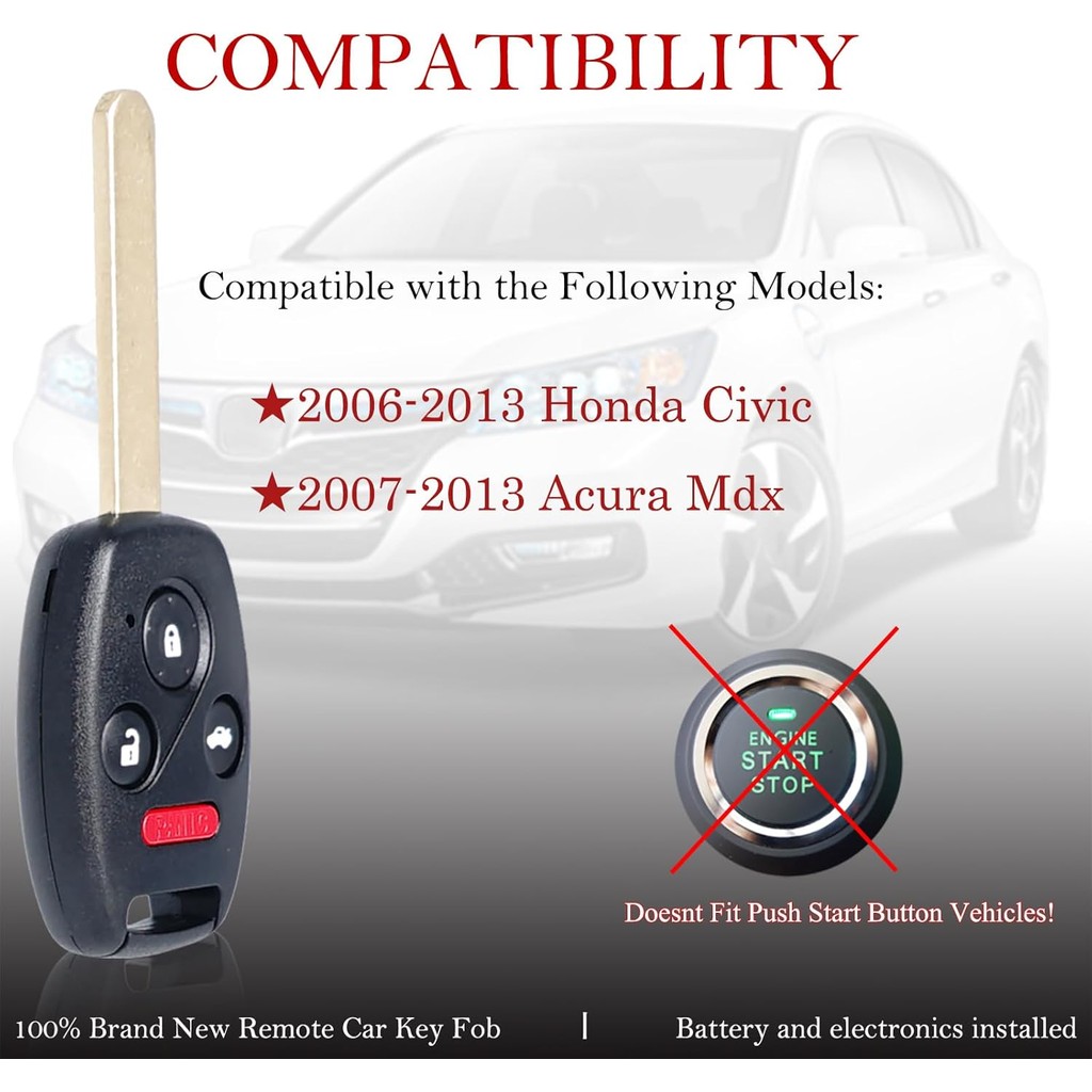 Key Fob รีโมทคอนโทรลเหมาะสําหรับ Honda Civic EX Si Hybrid 2006 2007 2008 2009 2010 2011 2012 2013 Ac