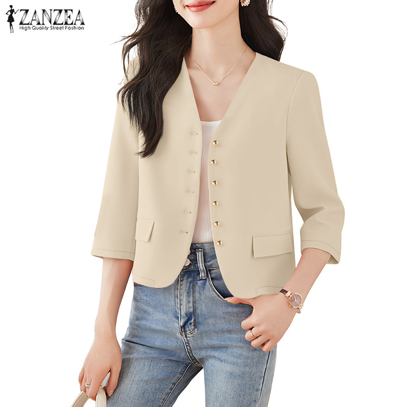 ZANZEA สไตล์เกาหลีสำนักงาน กระดุมเดียว คอวี แขนสั้น