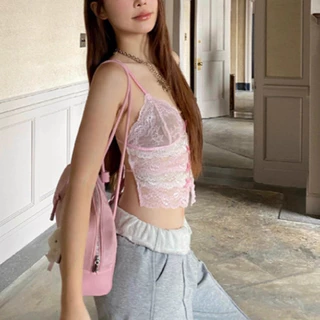 💗beachgirl💗คอวี ลูกไม้ เสื้อแขนกุด บางและเบา เปลือยหลัง สีชมพู เสื้อเชิ้ตสายเดี่ยว เชือกผูก สไตล์เกาหลี