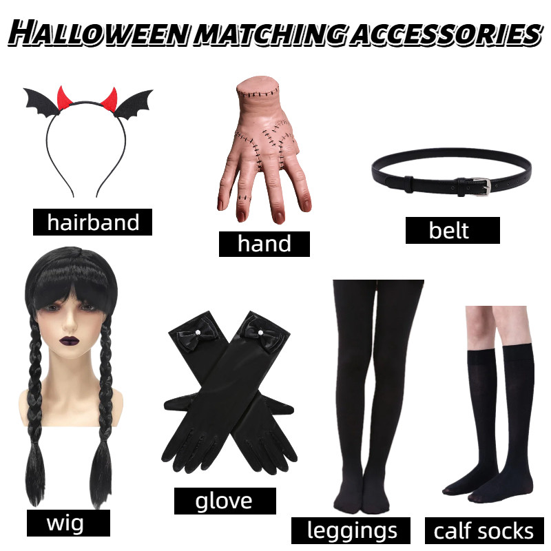 ชุดเครื่องประดับคอสเพลย์แม่มด Halloween วิกผมและถุงมือดำสำหรับเด็กหญิง พร้อมสวมใส่