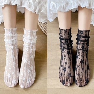 พร้อมส่งในไทยถุงเท้าลูกไม้ JK สไตล์ญี่ปุ่น สีทึบ บางเฉียบ ระ…