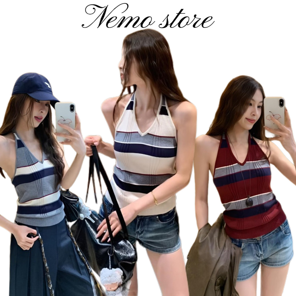 Nemo store🌸#25149 เสื้อคล้องคอ เว้าหลัง ผ้าไหมพรม ลายทางยืดพอดีตัว