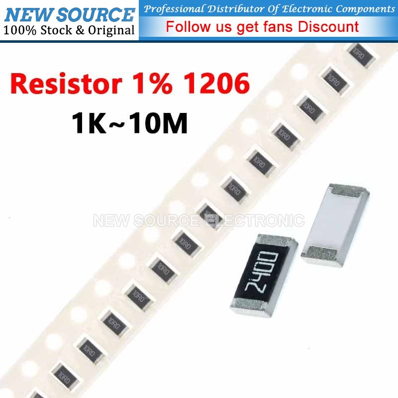 [100 ชิ้น] 1206 ตัวต้านทาน SMD 1% 1/4W 1K 10M 2.2K 2.7K 6.8K 10K 22K 33K 47K 68K 100K 220K 330K 470K