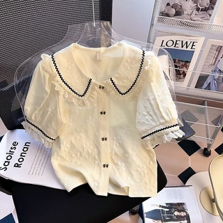 ส่งไวจากไทย🌸Breeze🌸S-2XL เสื้อเชิ้ตผู้หญิงแขนสั้น ฤดูร้อนแบบใหม่ ออกแบบด้วยลูกไม้ หวานแบบฝรั่งเศส แขนฟองน้ำ