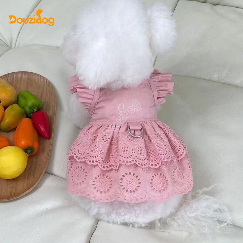 เสื้อผ้าสุนัขฤดูใบไม้ผลิฤดูร้อนบางลูกไม้บินแขนฉุดชุดเจ้าหญิงสุนัขขนาดเล็กแมวทุ่มเท