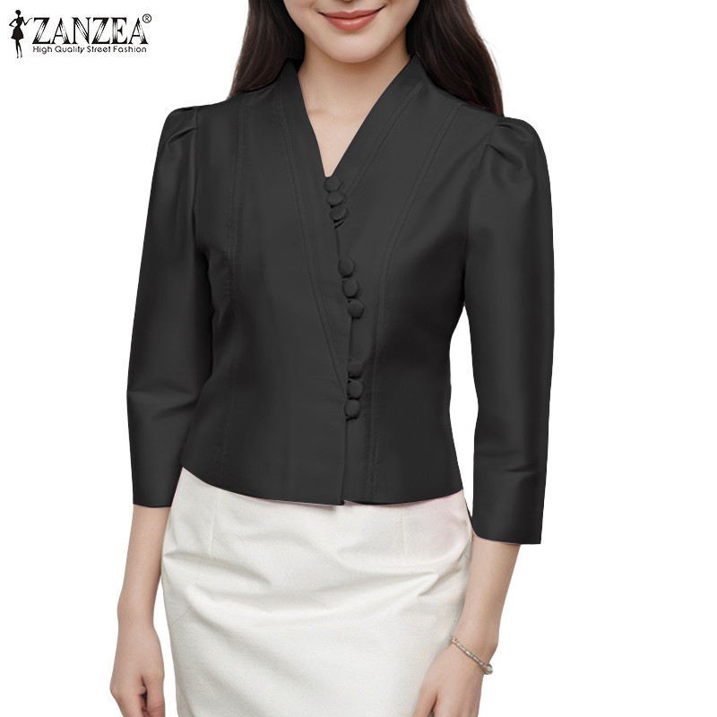 ZANZEA เสื้อซาตินสไตล์เกาหลี noble elegant สำหรับผู้หญิง ดีไซน์วิถีเกาหลี แขน 3/4 กับปุ่ม — صورة 6