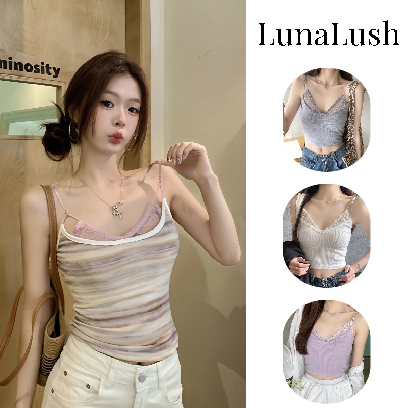 LunaLush เสื้อยืดคอกลม เสื้อสายเดี่ยว สีพาสเทล มินิมอลสไตล์ มีฟองน้ำในตัว ทรงรัดรูปยืดพอดี "FY895"