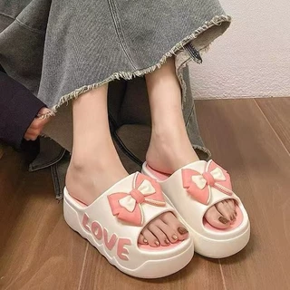 🍓icy.sport🍓พร้อมส่ง (X157) รองเท้าแตะแบบสวม ดีเทลโบว์น่ารัก สีพาสเทล พื้นหนา เสริมส้นสูงสำหรับผู้หญิง