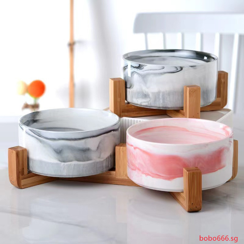 RUNPET ชามสุนัขแมวเซรามิคพร้อมกรอบไม้กันลื่นขนาดใหญ่ความจุสัตว์เลี้ยงชามน้ําBobo666.sg EDFU