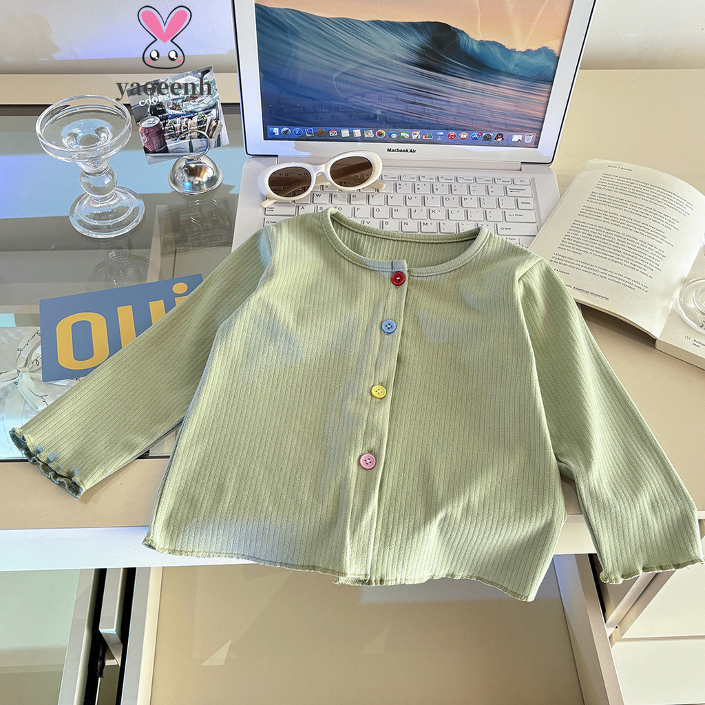 【YAOEENH】คาร์ดิแกนเสื้อถักสไตล์เกาหลี หวาน สีลูกอม ลายลูกไม้ ขนาด 80-140 ซม.