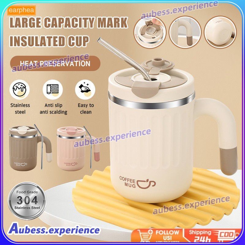 【ร้อน】แก้วกาแฟสแตนเลส 304 ขนาด 480 มล. แก้วเก็บความร้อนพร้อมฝาปิดและหลอดดูด แก้วเก็บความร้อน แก้วกาแฟสำนักงาน แก้วน้ำเดินทาง ของขวัญวันครู earphea experth