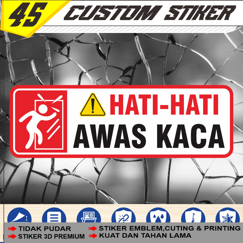 สติ๊กเกอร์ไวนิลกันน้ํา BEWARE OF GLASS เคลือบมันเงา